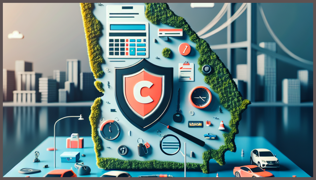 Visual representation of Georgia car insurance concepts with symbolic elements.