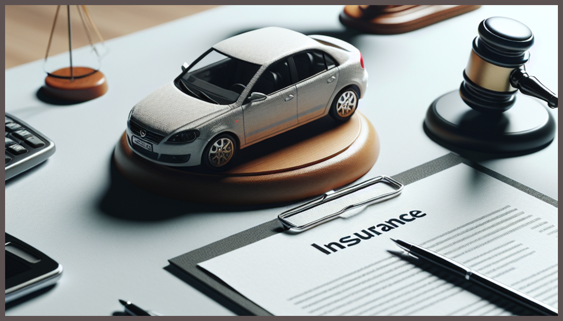 A car surrounded by legal symbols and insurance documents.