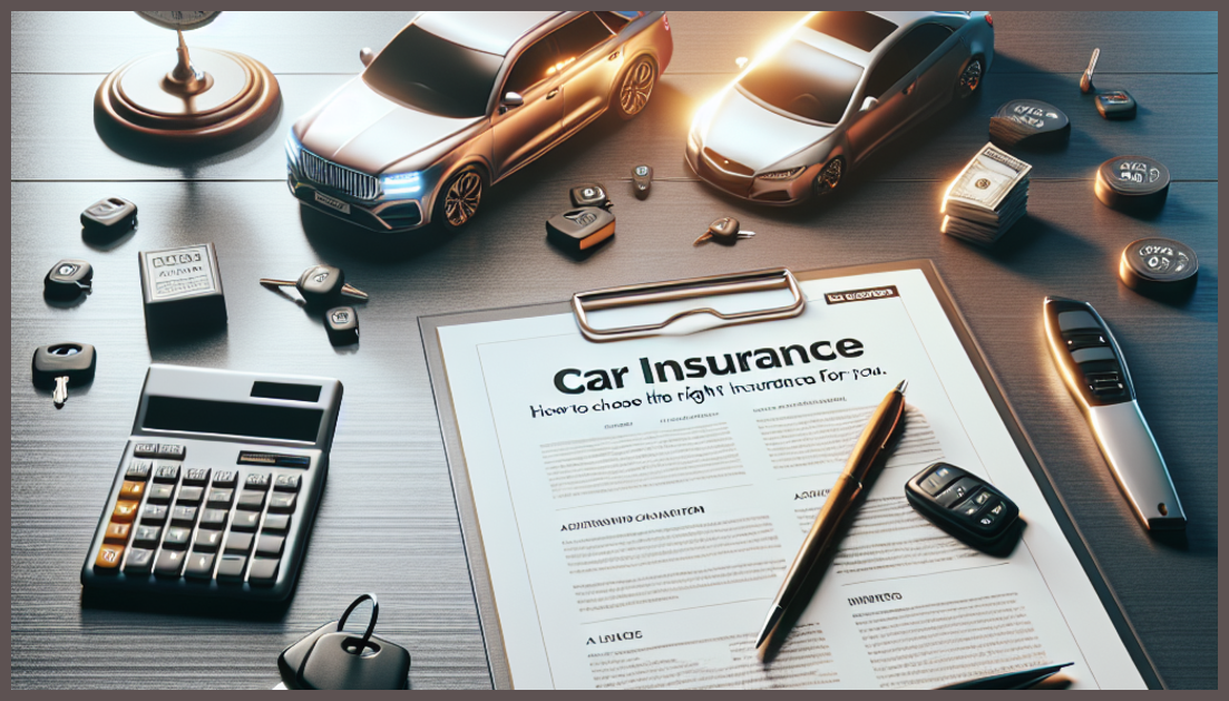 Car insurance documents with a calculator and a car key on a table.