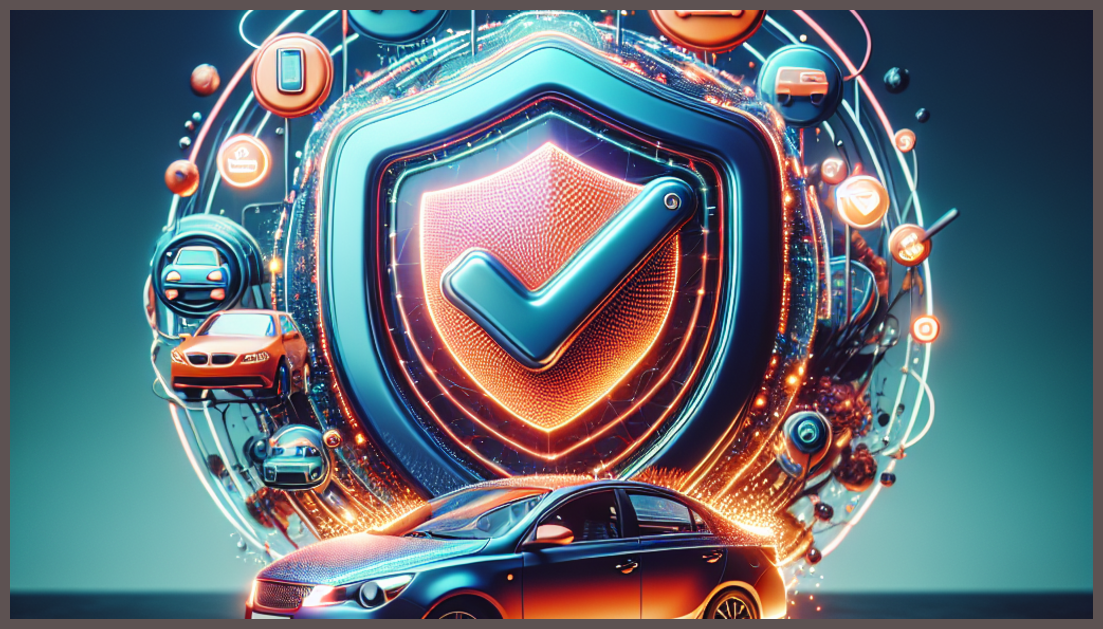 A car surrounded by symbols of insurance and financing options.