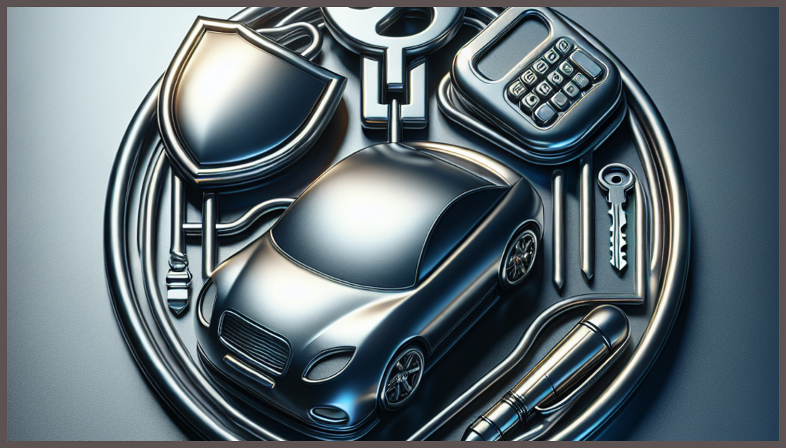 Illustration of car insurance symbols and minimalistic design elements.