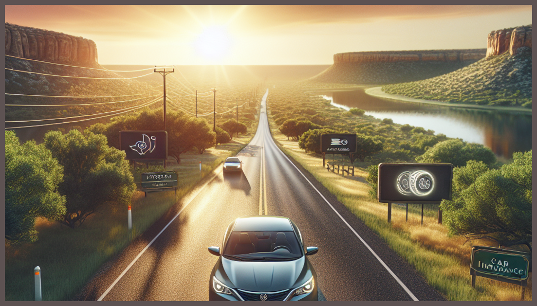 A Texas roadside with symbols of car insurance coverage.