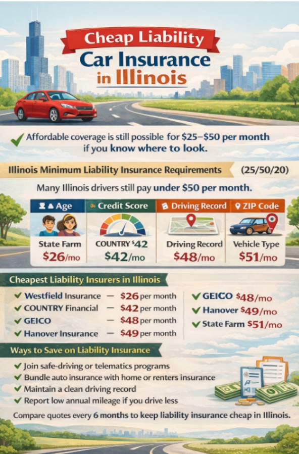 Infographic on Cheap liability Car Insurance in Illinois