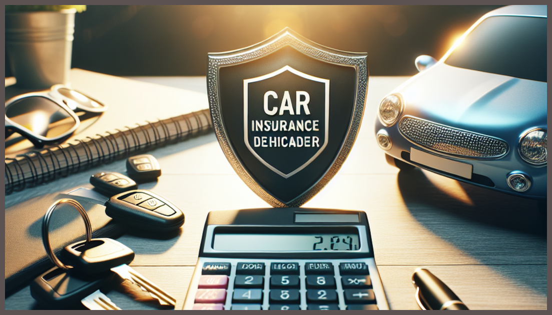 A minimalist car insurance concept with a calculator and shield.