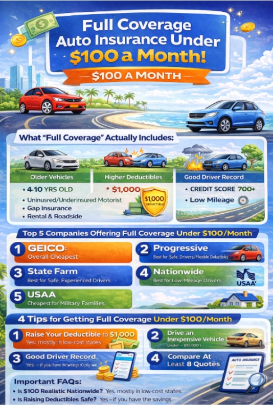 Full coverage Auto Insurance under $100 Infographic