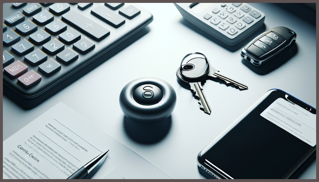 A calculator next to a car key and insurance documents.