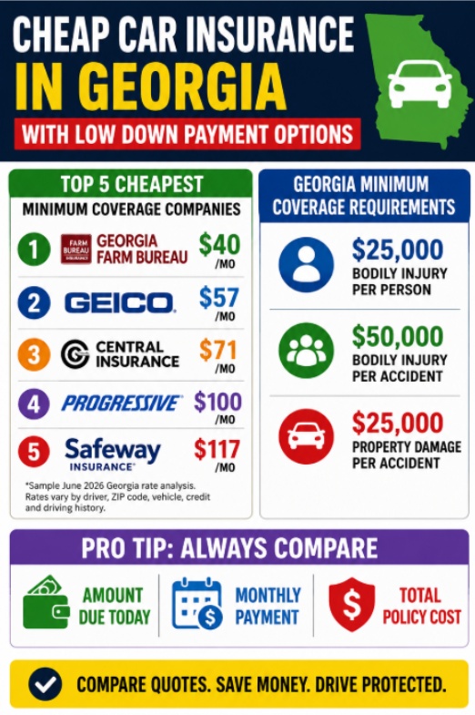 Infographic on cheap car insurance in Georgia with low down payment options