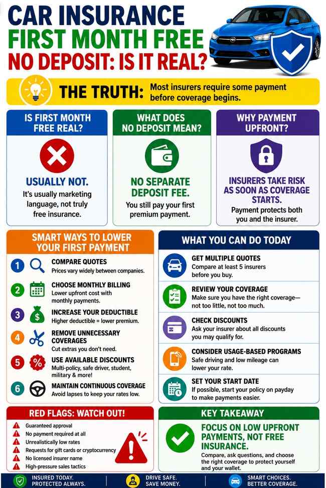 Car Insurance First Month Free no Deposit infographic with tips on deductibles, discounts, monthly payments, and continuous coverage.
