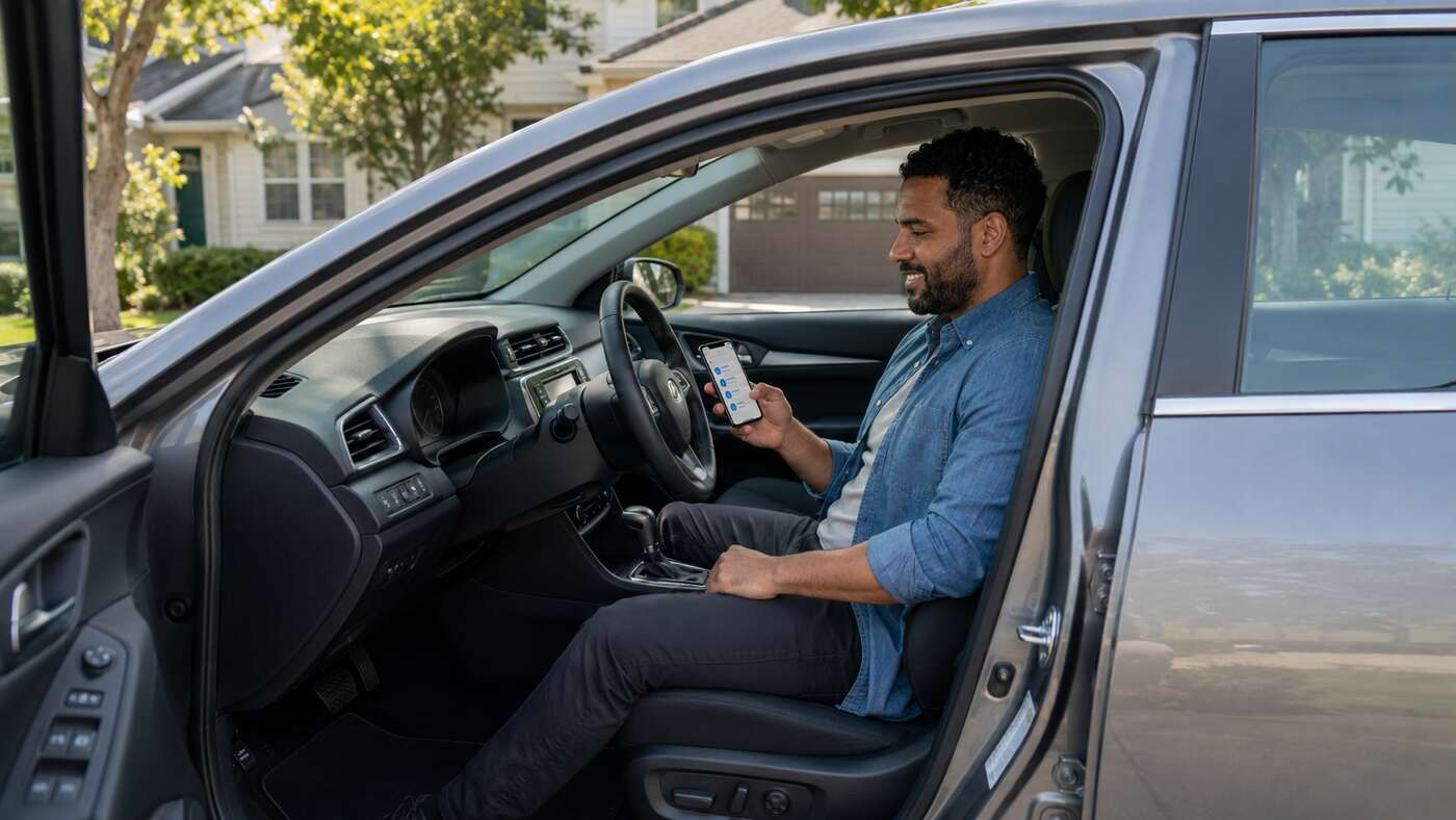 Driver reviewing the cost and coverage details of an auto insurance policy for less than $100